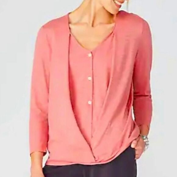 J. Jill Pure Jill Salmon Pink Cotton V-Neck  3/4 Sleeve Cross Front Top Medium - Picture 1 of 9